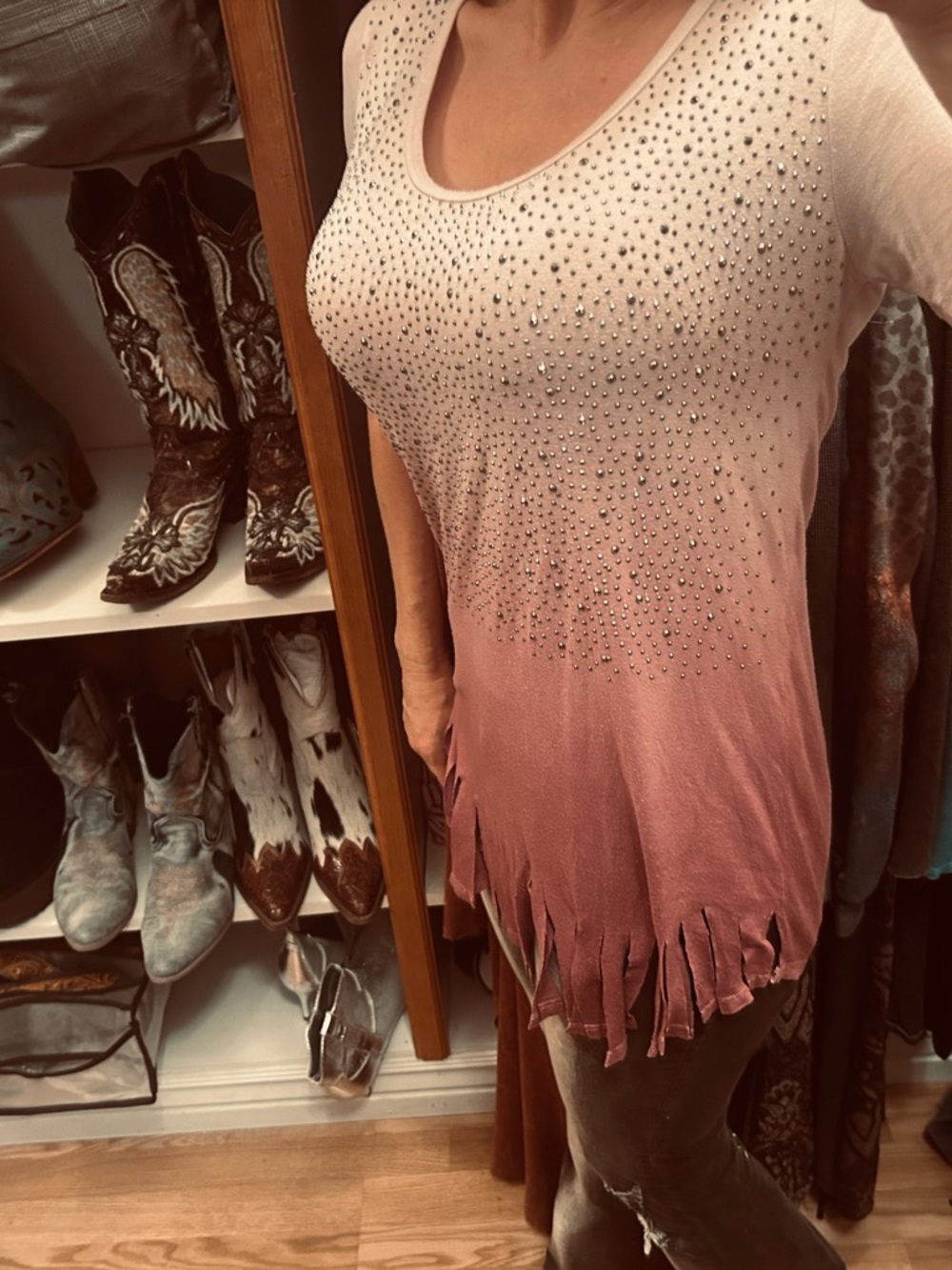 Vocal Pink Ombre Studded Fringe Short Sleeve Top